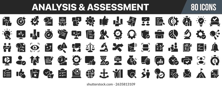 Analysis and assessment black icons collection. Big UI icon set in a flat design. Vector illustration EPS10