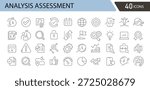 Analysis assessment icons set with analysis, assessment, report, checklist, evaluation, audit, data, research, review, performance, planning, and decision symbols. Outline style.