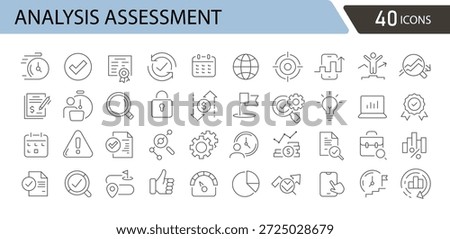 Analysis assessment icons set with analysis, assessment, report, checklist, evaluation, audit, data, research, review, performance, planning, and decision symbols. Outline style.