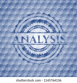 Analysis blue badge with geometric pattern background.