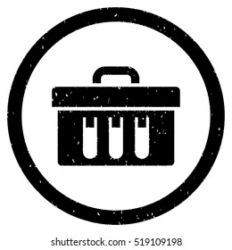 Analysis Box grainy textured icon inside circle for overlay watermark stamps. Flat symbol with dirty texture.