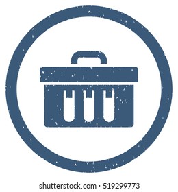 Analysis Box grainy textured icon inside circle for overlay watermark stamps. Flat symbol with dirty texture. Circled dotted vector blue ink rubber seal stamp with grunge design on a white background.