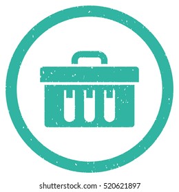 Analysis Box grainy textured icon inside circle for overlay watermark stamps. Flat symbol with dirty texture. Circled dotted vector cyan ink rubber seal stamp with grunge design on a white background.