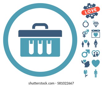 Analysis Box icon with bonus passion pictures. Vector illustration style is flat iconic cyan and blue symbols on white background.