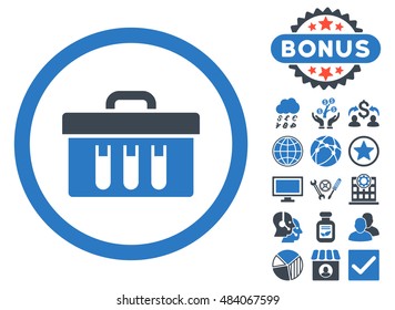 Analysis Box icon with bonus pictogram. Vector illustration style is flat iconic bicolor symbols, smooth blue colors, white background.