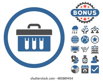 Analysis Box icon with bonus pictogram. Vector illustration style is flat iconic bicolor symbols, cobalt and gray colors, white background.