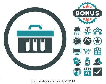 Analysis Box icon with bonus pictures. Vector illustration style is flat iconic bicolor symbols, soft blue colors, white background.