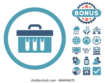 Analysis Box icon with bonus pictures. Vector illustration style is flat iconic bicolor symbols, cyan and blue colors, white background.
