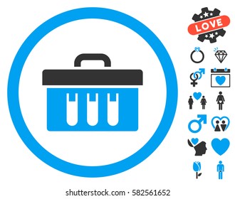 Analysis Box icon with bonus romantic pictures. Vector illustration style is flat iconic blue and gray symbols on white background.