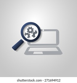 Analysis or Bugfix Symbol Concept with Magnifying Glass Icon and Gears on a Laptop Computer