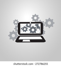 Analysis or Bugfix Symbol Concept with Magnifying Glass Icon and Gears on a Laptop Computer