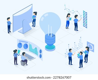 Analyse der Geschäftskonzepte, 4 Schritte zum Erfolg, Management, Entwicklung, Verbesserung, Innovation zu einem erfolgreichen Geschäft. Flache Vektorgrafik.