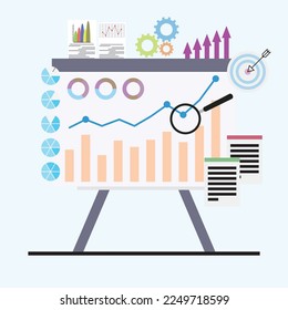 Analysis of business economic chart on whiteboard. Vector of analysis and graph, data report illustration, financial diagram and marketing growth
