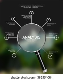 ANALYSIS. business infographics, statistics data, magnifying lens, financial analytics, business concept.
