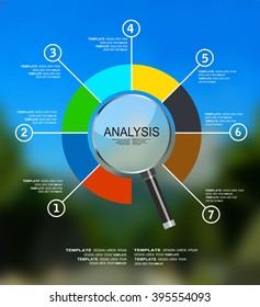 ANALYSIS. business infographics, statistics data, magnifying lens, financial analytics, business concept.