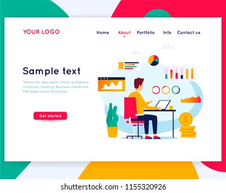 Analysis, Business, man sitting working behind laptop, website template. Flat style vector illustration.