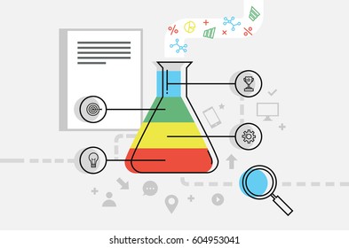 Analysis or business plan themed vector illustration with test tube with colorful fragments and icons, magnifier and infographic elements