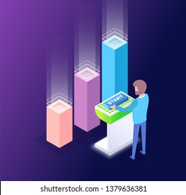 Analysis of business startup vector, man standing with infocharts and infographics worker with structural information 3d isometric male isolated