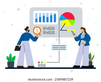 Analysis business team concept. A man and woman meet to discuss data development with graph and diagram on big screen. 