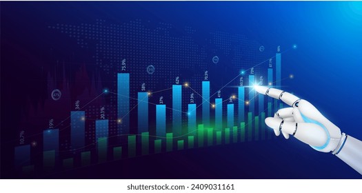 Analysis candlestick with AI technology up trend of graph growth. Robot fingers touch chart stock market. Planning business strategy financial investment. Vector EPS10.