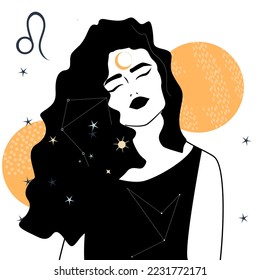 Analysis of the characteristics of the date of birth. Flat style in vector illustration. A beautiful woman under the sign of the zodiac Leo against the background of bright planets and stars. Tattoo 