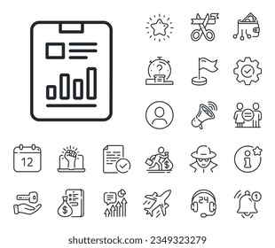 Analysis Chart or Sales growth sign. Salaryman, gender equality and alert bell outline icons. Report document line icon. Statistics data symbol. Report document line sign. Vector
