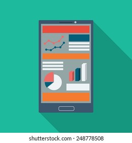 Analysis charts and graphs symbols on smart devices icons with responsive web design. Modern flat design long shadow suitable for presentations, websites, analysis reports. Eps10 vector illustration.