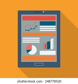 Analysis charts and graphs symbols on smart devices icons with responsive web design. Modern flat design long shadow suitable for presentations, websites, analysis reports. Eps10 vector illustration.