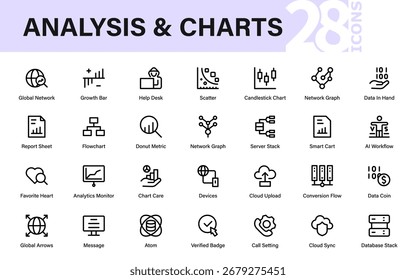 Analysis Charts Professional Line Icon Set. Modern unique outline vector pack of data, analytics, statistics, charts, financial insights, trade, and markets.