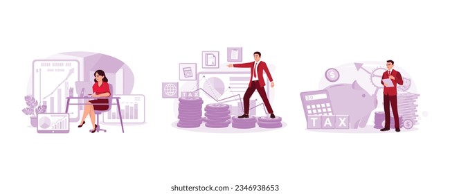 Analysis of charts, taxes, and statistics by businesswoman. Tax deduction planning concept by an entrepreneur. Young businessman taking notes against calculator, tax, and piggy bank background. 
