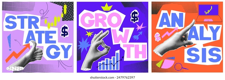 Analysis collage with halftone hand and growth money. Financial and business concept. Halftone poster set