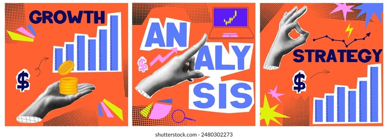 Analysis collage with halftone hand and growth money. Financial and business concept. Halftone poster set