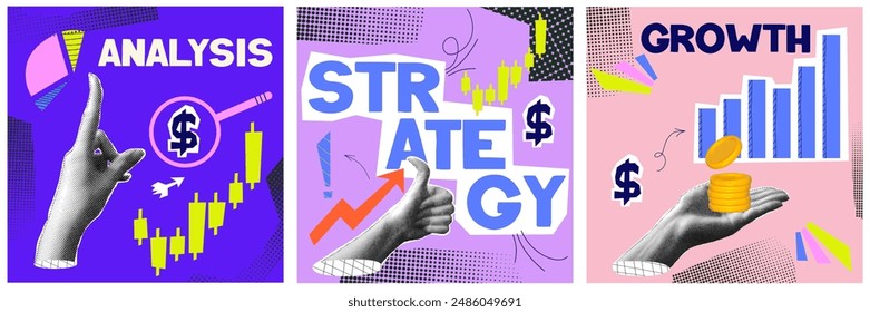 Analysis collage with halftone hand and growth money. Financial and business concept. Halftone poster set