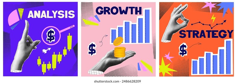 Análisis collage con mano de medio tono y dinero de crecimiento. Concepto financiero y empresarial. Conjunto de póster de semitonos