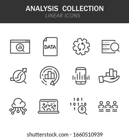 Analysis collection linear icons in black on a white background