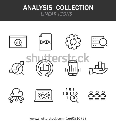 Analysis collection linear icons in black on a white background