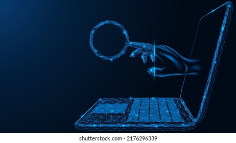 Analysis and collection of user data. A hand with a magnifying glass finger sticks out of the laptop monitor. Low-poly design of interconnected lines and dots. Blue background.