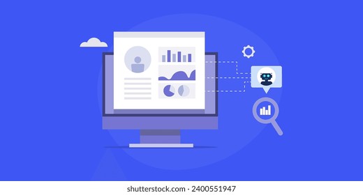 Analysis of competitor data with artificial intelligence, AI bot retrieving data from competitor website, data monitoring - vector illustration icon