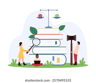 Analysis for compliance with rules and laws, corporate policy. Tiny people reading new order, regulatory document or instruction in guideline with magnifying glass cartoon vector illustration