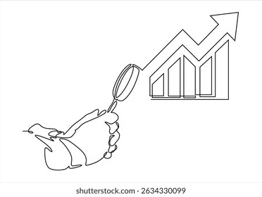 analysis concept. An abstract man holds a magnifying glass in his hand and analyzes the graph chart 