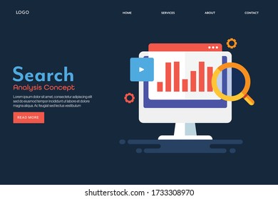Concepto de análisis, análisis digital, análisis de búsqueda, datos empresariales, estrategia de marketing digital - página de inicio de vector de diseño plano conceptual