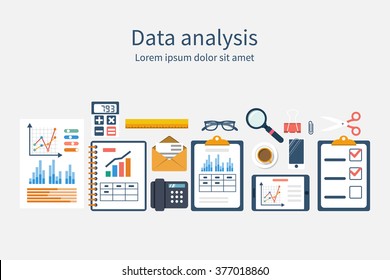 Analysis of concept in flat design. Process research financial growth, graph statistics, data analysis, business document,  market, strategic. Development. Set elements for business planning. Vector