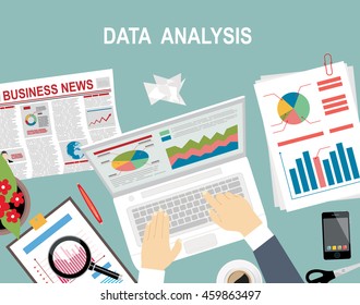 Analysis concept, flat design. Process research financial growth, statistics, data analysis, document, market, strategic, report. Development Planning. Flat design vector illustration