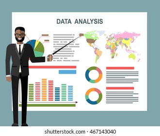 Analysis concept, flat design. Process research financial growth, statistics, data analysis, document, market, strategic, report. Development Planning. Flat design vector illustration