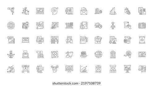 Ilustración de concepto de análisis, iconos lineales, conjunto de signos de línea, colección de vectores