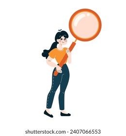 Analysis concept. Professional woman engaging in detailed examination with a magnifying glass. Flat vector illustration