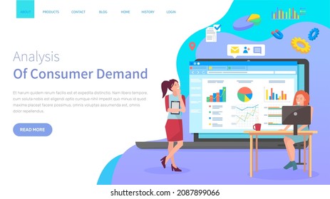 Analysis of consumer demand website concept. Workers discuss statistical indicators, analyze sales charts and graphs, make plan to attract customers. Webpage template, landing page in flat style