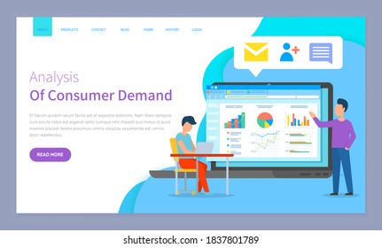 Analysis of consumer demand website vector. Workers with laptop discuss statistical indicators, analyze sales charts and graphs, make a plan to attract customers. Webpage template, landing page