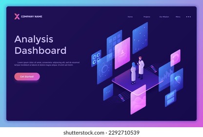 Analysis Dashboard isometric landing page template. Data focused on key metrics and user interface. Website design on purple background. 3d creative vector illustration for web page development