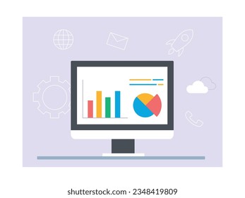 Análisis de diagramas y gráficos de datos en el ordenador, con configuración, internet, correo, cohete, nube, teléfono. Carácter de fondo. Ilustración plana del vector